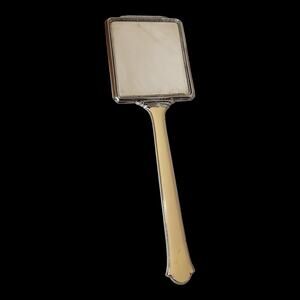 Vintage Cream Lucite Hand Mirror Silver-Tone Floral Frame Monogram Plate 14"